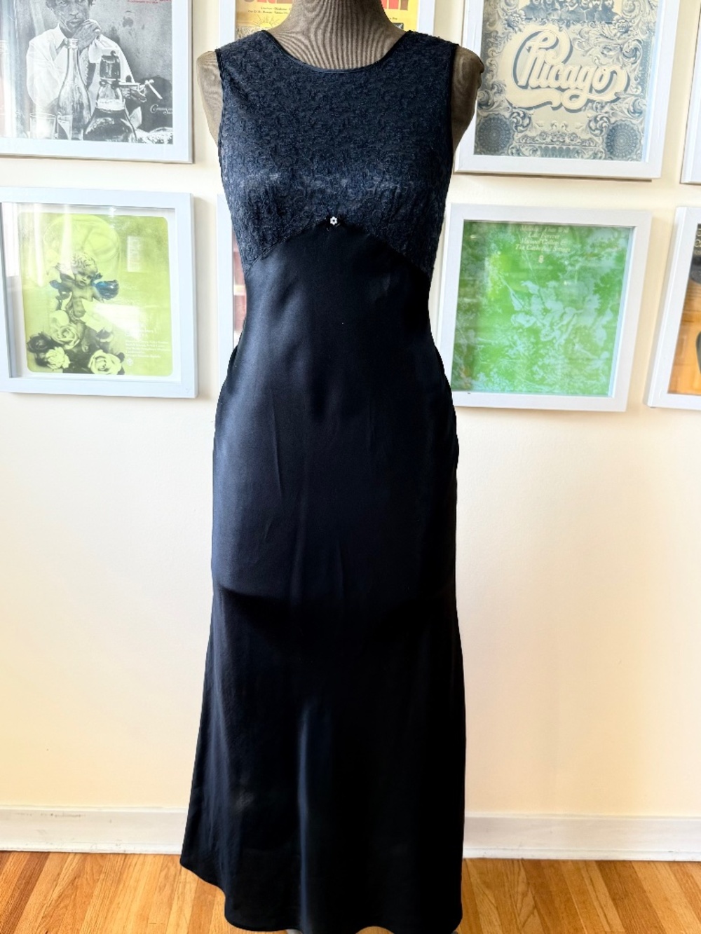 Vintage 90s Black Satin & Floral Lace Maxi Dress – Empire Waist Gothic Romantic